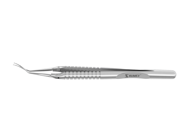 999R 4-03952/LRS Capsulorhexis Forceps with Scale (2.50/5.00 mm), Cross-Action, for 1.50 mm Incisions, Curved Stainless Steel Jaws (8.50 mm), Long Lever (26.00 mm), Long (101 mm) Round Stainless Steel Handle, Length 130 mm